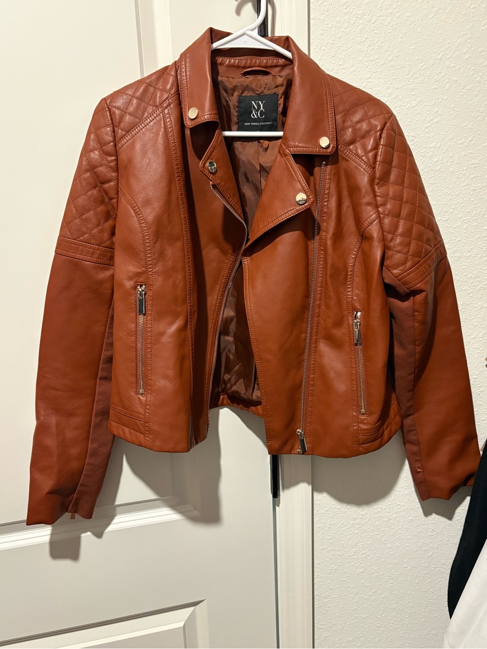 New York & Company Quilted Faux Leather Moto Jacket - Cognac Brown